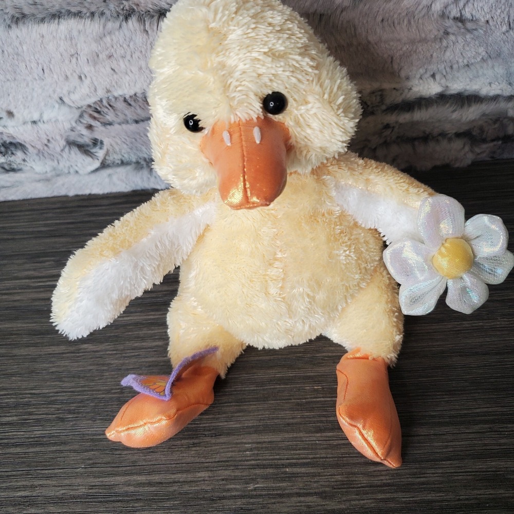 Commonwealth Plush Yellow Spring Duck White Flower W/ Purple Butterfly 6.5" 2002